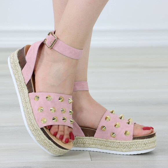 Pink Platform Espadrille Sandals Gold Studded Ankle Strap Open Toe - Picture 3 of 13